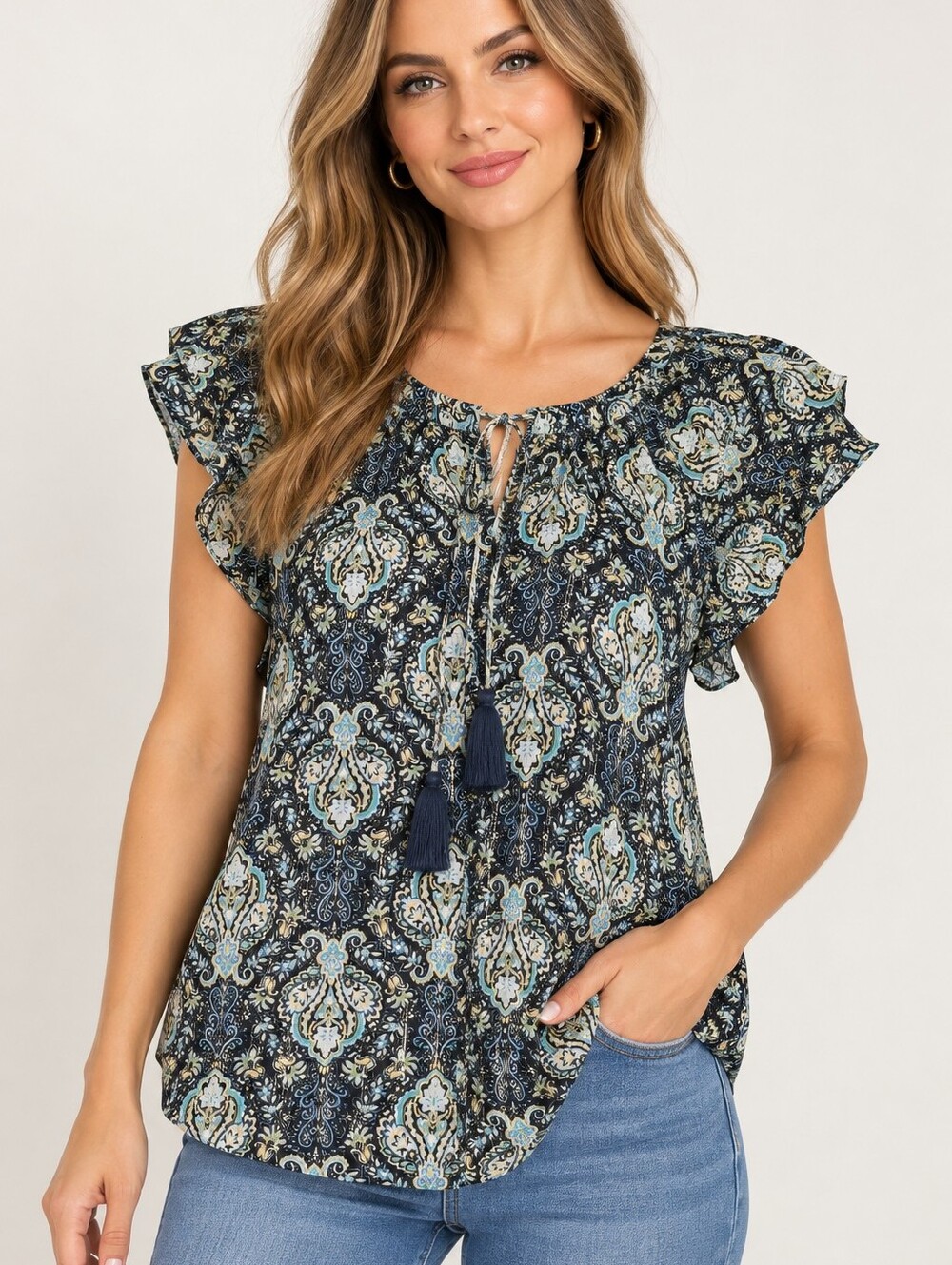 NWT Lovestitch Star Shine Paisley Sparkle Lurex Boho Flutter Sleeve Top S